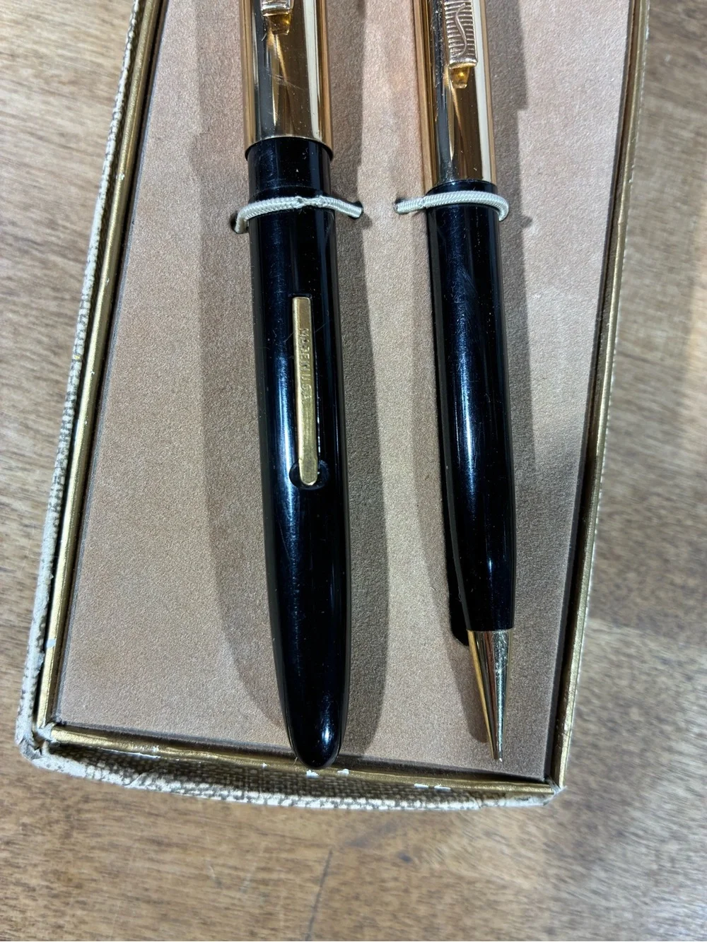Vintage Scripto Fountain Pen Mechanical Pencil Set Black Green Original Box